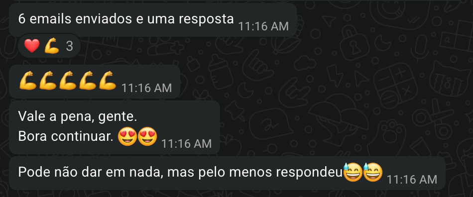 Mensagens de participante: 6 emails enviados e uma resposta. Vale a pena, gente. Bora continuar.